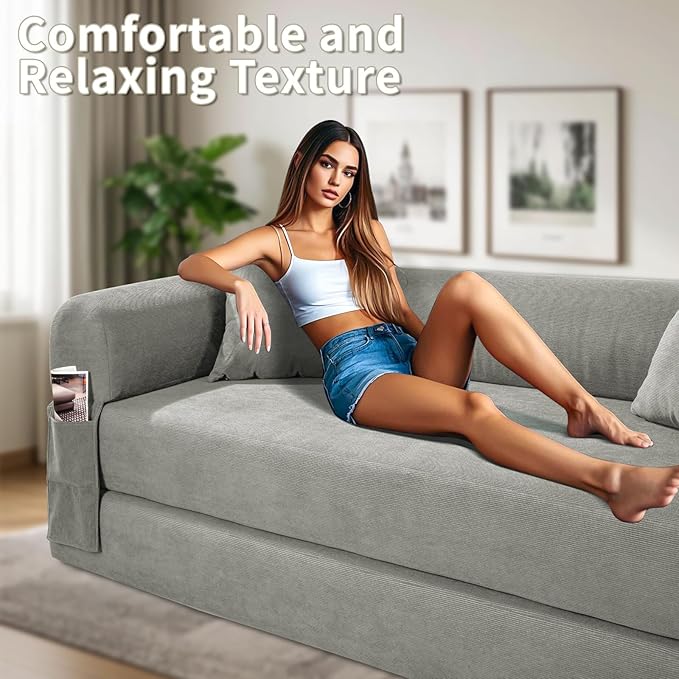 80" Convertible Sofa Bed, Corduroy Deep Seat Folding Pull Out Couch with Pillows, No Assembly Modern Boneless Couch Compression Sofa in Box, Floor Sofa with Storage Pocket for Living Room,Light grey