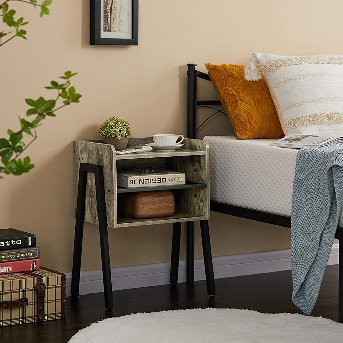 VECELO Nightstand Industrial Side End Table/Stackable Accent Furniture with 2-Tier Open Storage Compartments for Bedroom, Living Room and Small Spaces