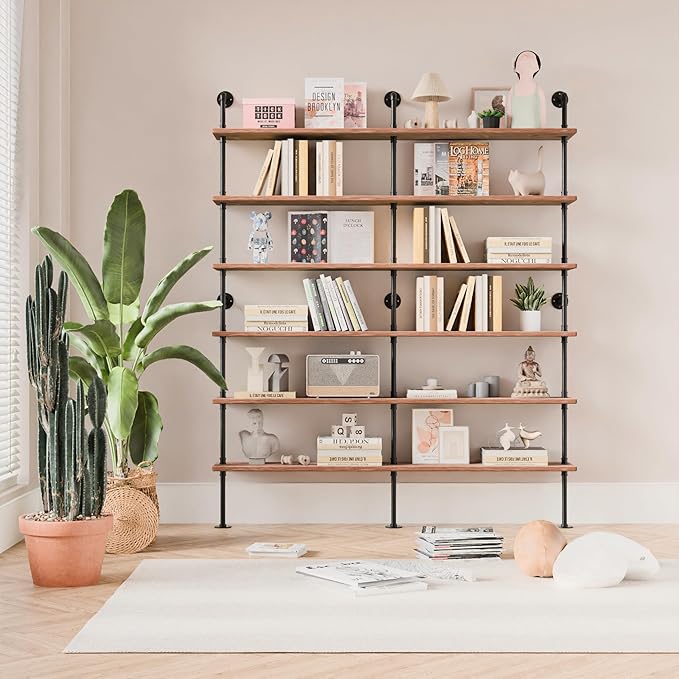Industrial Ladder Shelf Bookcase, Wall Mounted Rustic Bookshelf, Retro Wood Metal Pipe Industrial Shelves for Living Room(Weathered Brown, 6 Tier - 10" D x 70" W x 82.5" H)