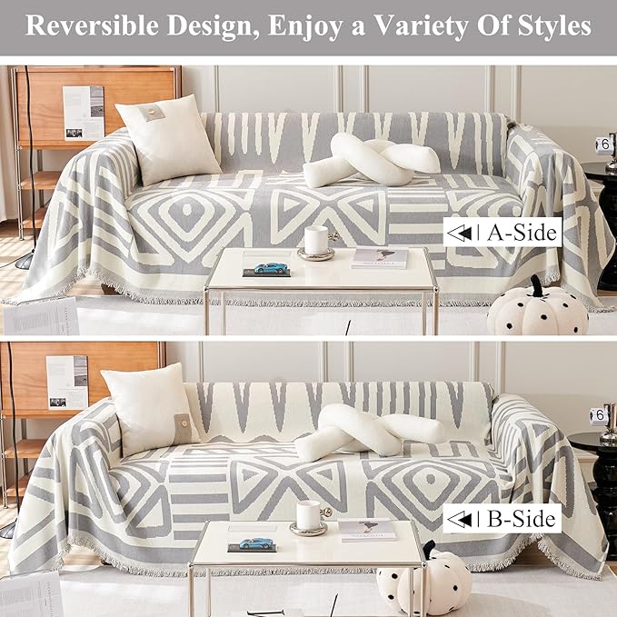 STACYPIK Boho Geometric Sofa Cover Chenille Gray White Cream Triangle Couch Cover for Dog Anti Slip Couch Protector for 3 Cushion Couch Reversible Furniture Covers L Shape Cover for Sectional-91X134IN