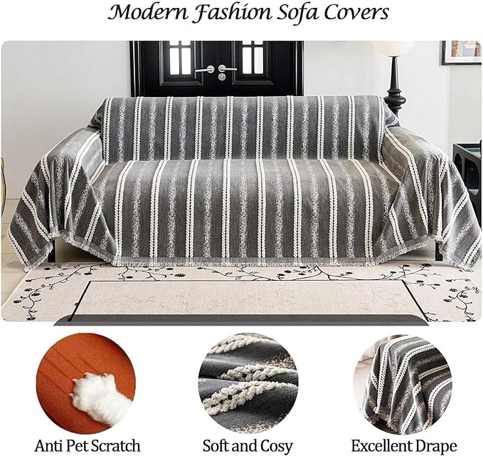 Couch Cover for Dogs Washable Sofa Cover, Sectional Couch Covers, Sofa Covers for 2 Cushion Couch, Non Slip Stripe Sofa Slipcovers Furniture Protector, Couch Protector from Cat Claws, Grey,75''x134''