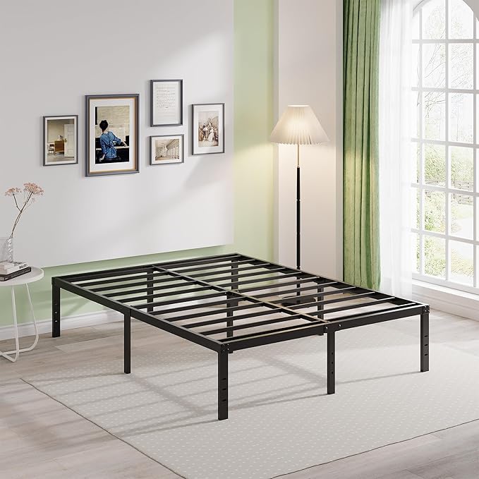 EMODA 18 Inch King Bed Frame No Box Spring Needed, Heavy Duty Tall Metal Platform with Large Storage Space, Noise Free, Easy Assembly, Black