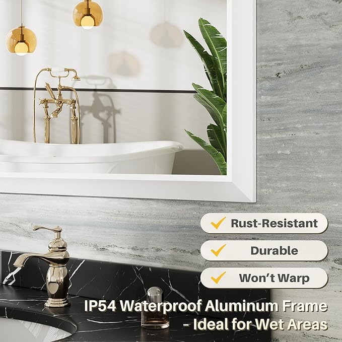 36x36 Inch White Bathroom Mirror for Wall, Thick Metal Framed Rectangle Mirrors for Over Sink, Bedroom, Living Room, Entryway, Anti-Rust, HD Tempered Glass