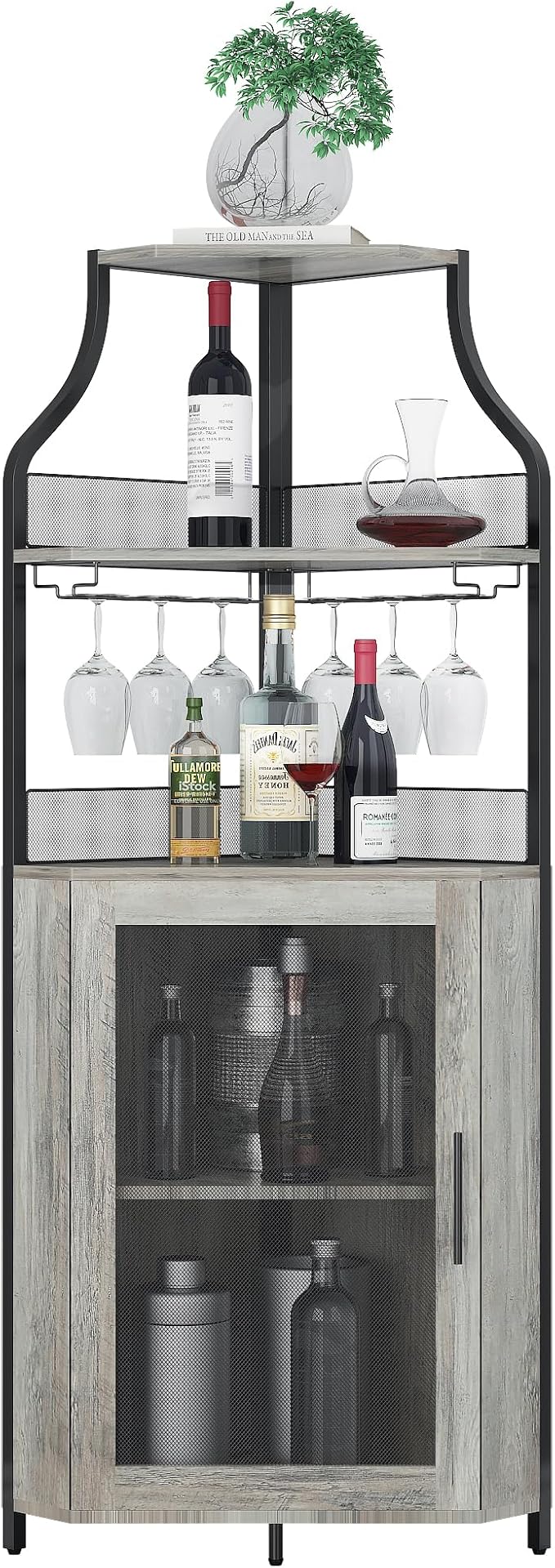GAOMON Corner Wine Cabinet with Removable Wine Rack, Wine Bar Cabinet with Barn Door and Adjustable Shelves, Industrial Wine Cabinet for Dining Room, Living Room,Kitchen (Grey)