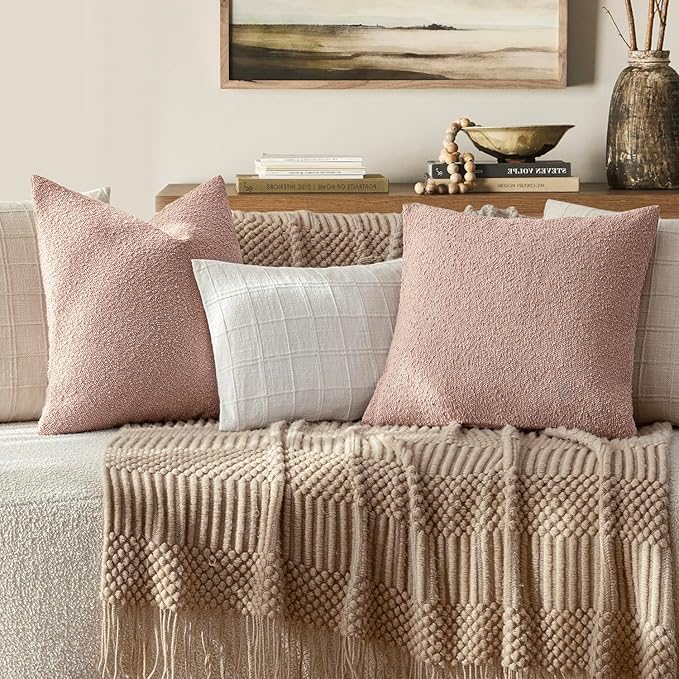 Foindtower Set of 2, Decorative Textured Boucle Throw Pillow Covers Accent Solid Pillow Cases Neutral Soft Cozy Couch Cushion Case for Chair Sofa Bedroom Living Room Home Decor 20 x 20 Inch Light Pink