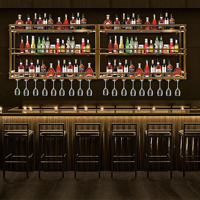 Metal Wine Rack Wall Mounted, Bar Shelves for Liquor Bottles with LED Light, 3 Tier Large Capacity Liquor Rack Wall Mounted with Glass Holder for Home Bar & Dining Room （Gold, 79in/200cm）