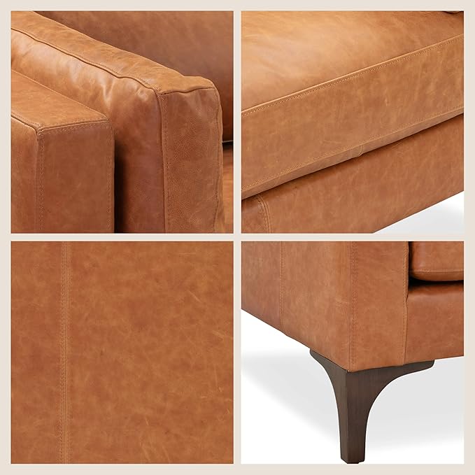 Poly & Bark Argan Leather Couch - 93 Inch Sofa - Full-Grain Leather Sofa for Living Room with Feather Down Topper - Living Room Couch - Pure Aniline Vintage Italian Leather in Cognac Tan