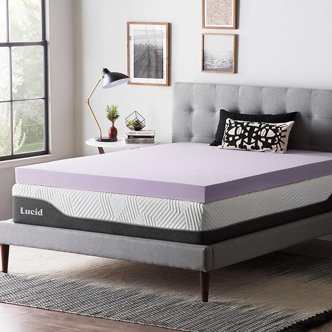 Lucid 4 Inch Lavender Infused Memory Foam Mattress Topper - Ventilated Design – Pressure Relieving Bed Topper - Mattress Pad – CertiPur Certified - Twin XL Size