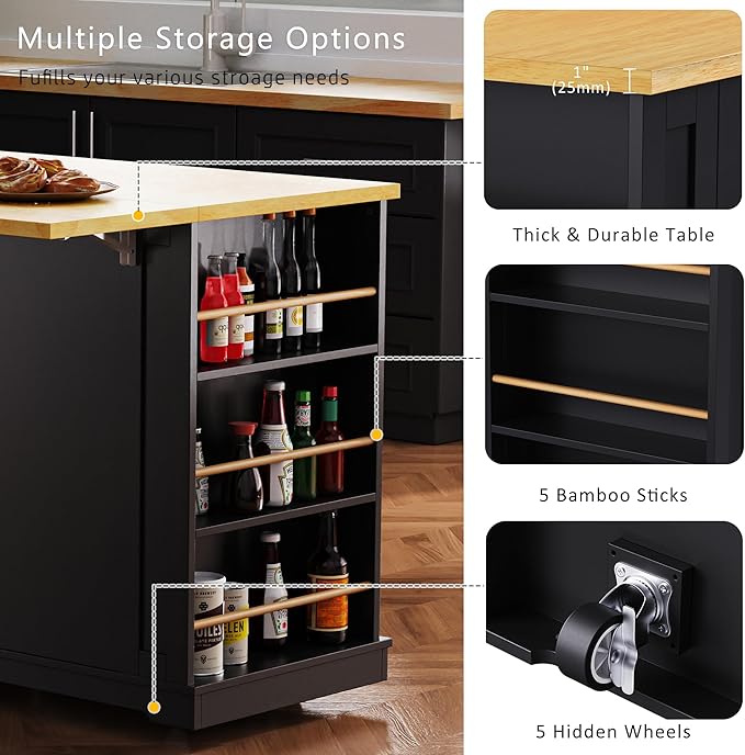 53" Large Kitchen Island with 2 Bar Stools,Power Outlet & Door Internal Storage Rack,Kitchen Storage Cart on 5 Wheels W/Drop Leaf,5 Open Side Racks & 3 Drawers,for Kitchen,Dining Room,Black