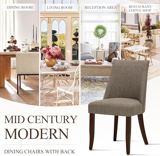 COLAMY Upholstered Dining Chairs Set of 4, Mid Century Modern Kitchen Chairs with Back, Farmhouse Fabric Side Dining Room Chairs with Wood Legs for Dining Room Restaurant, Brown