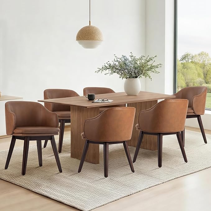 Wooden Dining Chairs Set of 2, Faux Leather Upholstered Modern Dining Room Chairs with Barrel Backrest & Double-Layer Thick Cushion for Living Room, Restaurant, Kitchen and Café, Brown