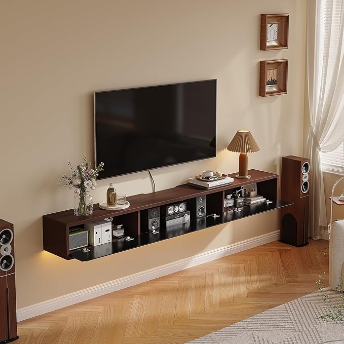 Floating TV Stand Matte Finish, 86'' Wall-Mounted TV Cabinet,Floating TV Console,Under TV Shelf with 3 Doors for Living Room Bedroom(Walnut+Black)