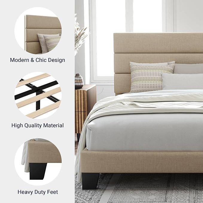Allewie Queen Size Platform Bed Frame with Fabric Upholstered Headboard and Wooden Slats Support, Fully Upholstered Mattress Foundation/No Box Spring Needed/Easy Assembly, Beige