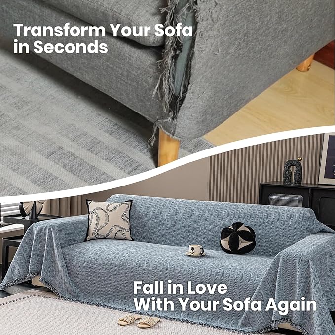 Nobildonna Sofa Chair Cover Waterproof Soft Thicken Chenille Cushion Couch Cover with Tassels,Washable Sofa Slipcovers for Armchair Recliner Sectional Furniture Protector,Dusty Blue 71"x71"