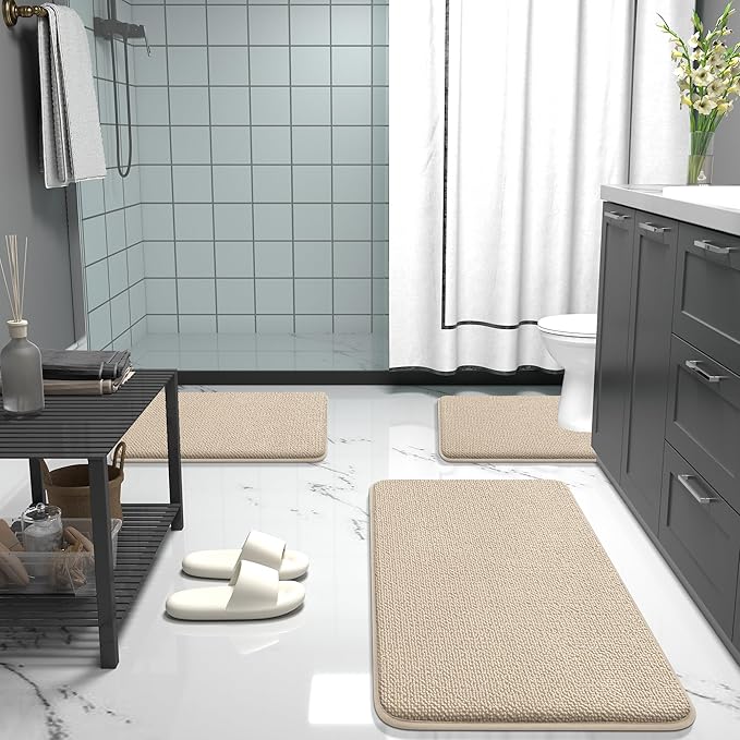 OLANLY Thick Memory Foam Bath Mat Rug 34x21, Extra Soft Absorbent Bathroom Rug, Quick Dry Bath Mats, Non-Slip, Machine Washable Carpet for Bathroom, Tub and Shower, Home Decor Accessories, Beige