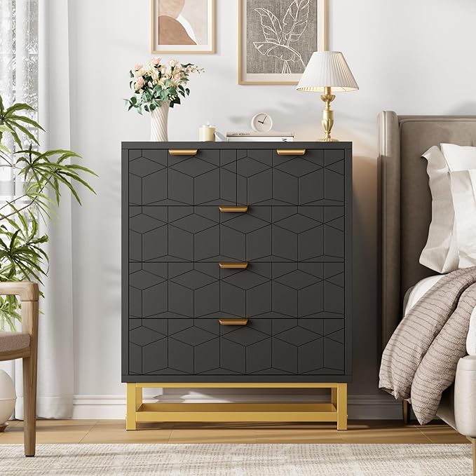 GAOMON Black 5 Drawer Dresser for Bedroom, Chest of Drawers with Metal Base, Modern Dresser Chest Cabinet Organizer for Living Room, Hallway, Closet