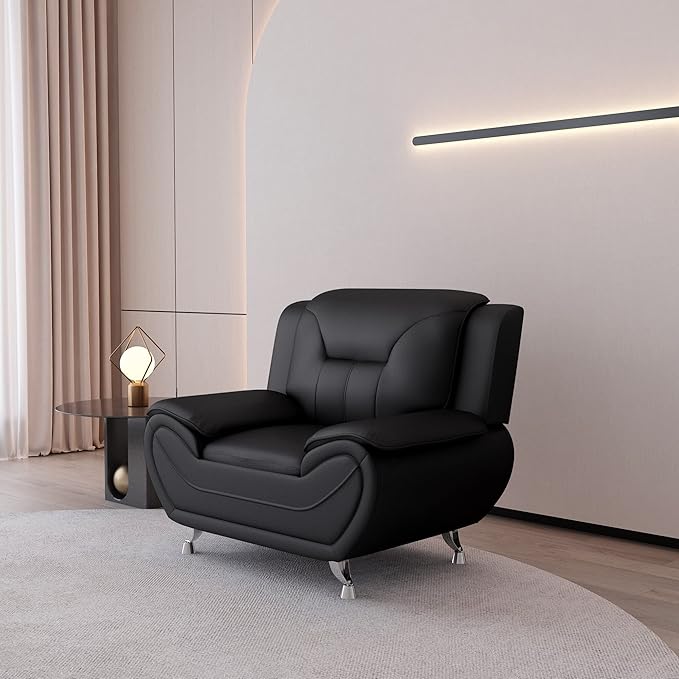 Container Furniture Direct Michael Modern Faux Leather Upholstered Stainless Steel Legs Living Room, Chair, Loveseat, Sofa, Soft Beige/Black
