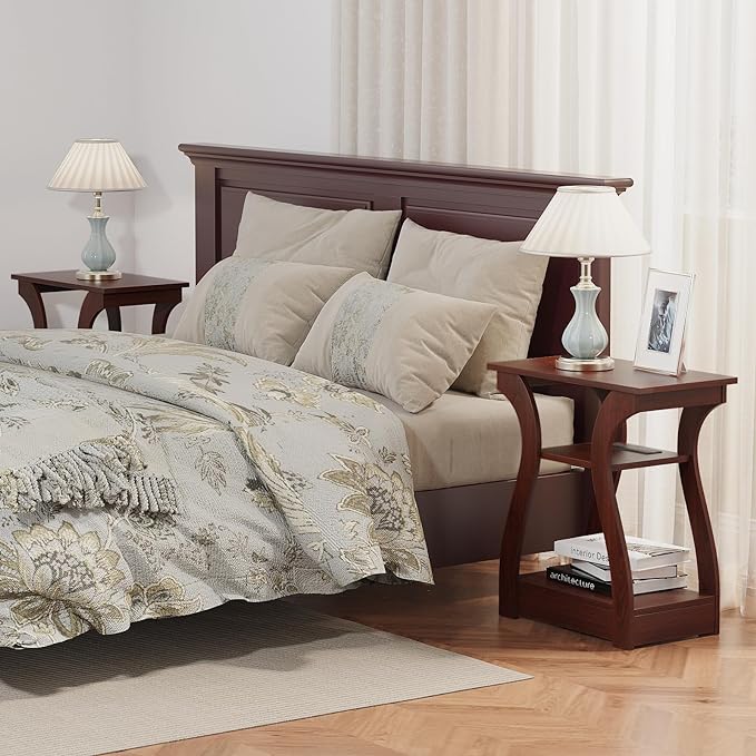 End Tables Living Room, Cherry End Table with Charging Station, Nightstand for Bedroom, 3 Tier End Table with Storage Shelf for Living Room(Cherry)