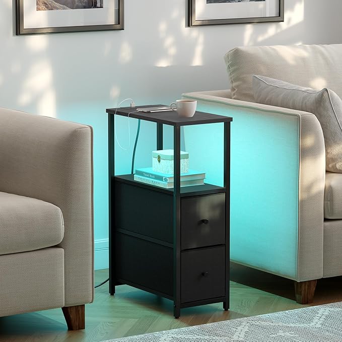 TUTOTAK Small Narrow LED End Table with Charging Station, Side Table Outlets, Nightstand with 2 Cloth Drawers, Set of 2, Couch Table, for Living Room, Bedroom, Bedside, Black TB01BK056