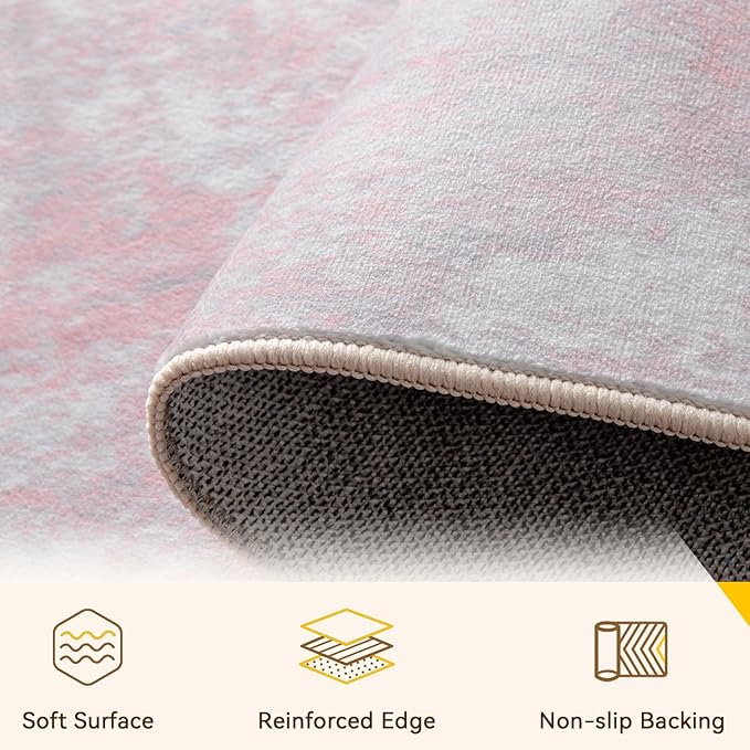 Washable Area Rugs 4ft Non-Slip Modern Abstract Soft for Living Room Entryway Bedroom Nursery, Print Pattern, Grey Pink