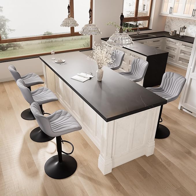 YOUNIKE 3 Grey Bar Stools Modern Swivel Counter Height Bar Chair with Back Adjustable Kitchen Island Faux Leather Padded Barstools taburetes de bar Breakfast sillas para barra de cocina 3PCS
