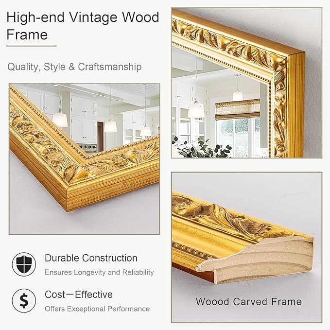 Large Vintage Mirror for Wall, 46''x 22'' Gold Antiuqe Living Room Mirror with Ornate Wood Frame, Decorative Mirrors for Entryway, Bathroom, Foyer, Hangs Horizontally or Vertically
