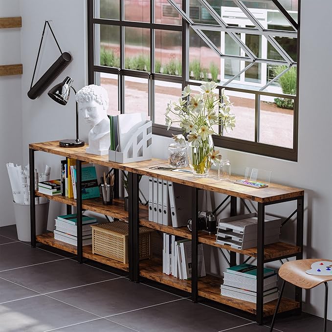 IRONCK Rustic Entryway Console Table, Long Hallway Table 47 in 3-Tier, TV Stand Entertainment Center Media Stand for Living Room, Industrial Style, Vintage Brown