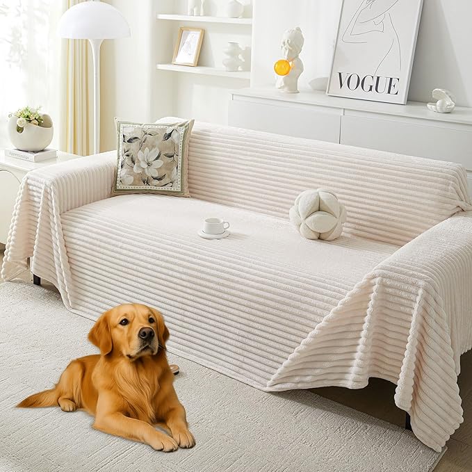 HAOMAIJIA Faux Fur Sofa Covers Couch Covers for 3 Cushion Couch Sofa Pet Friendly Soft Non Slip Couch Cover for Dogs Washable Sectional Couch Covers L Shape Furniture Protector (Off White, 91"x150")