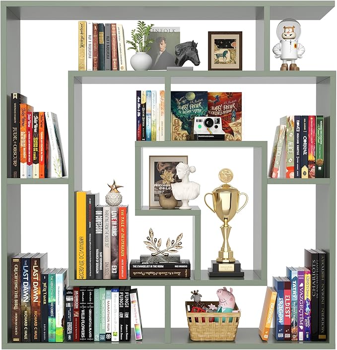 Armocity 6 Tier Display Book Shelf Wall Mounted Bookshelf Freestanding Geometric Bookcase Floating Book Shelves for Wall Bedroom Living Room Home Office, 45.5"(W) * 47"(H), Crab Green