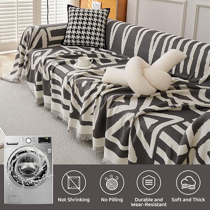 STACYPIK Boho Geometric Dark Grey Sofa Cover Chenille Couch Cover for Dogs Washable Armchair Slipcover for Living Room Sectional Sofa Cover for 2 Cushion Couch Sofa Jacquard Sofa Cover Decor-71X90IN