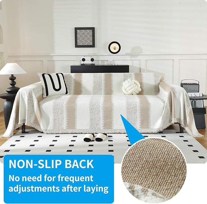 LUFEIJIASHI Boho Couch Covers for Sofa Non Slip Sofa Covers Washable Couch Covers for 3 Cushion Couch Sofa Pet Friendly Sectional Couch Cover Blanket Furniture Protector for Dogs (Khaki, 91"x150")
