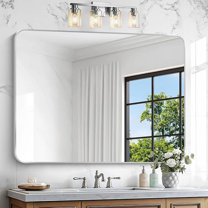 Silver Bathroom Mirror,36x48 inch Wall Mirror for Bathroom Wall Mounted,Rectangle Mirror for Bathroom Over Sink,Modern Frame Round Corner for Living Room,Bedroom Entryway,Horizontal/Vertical