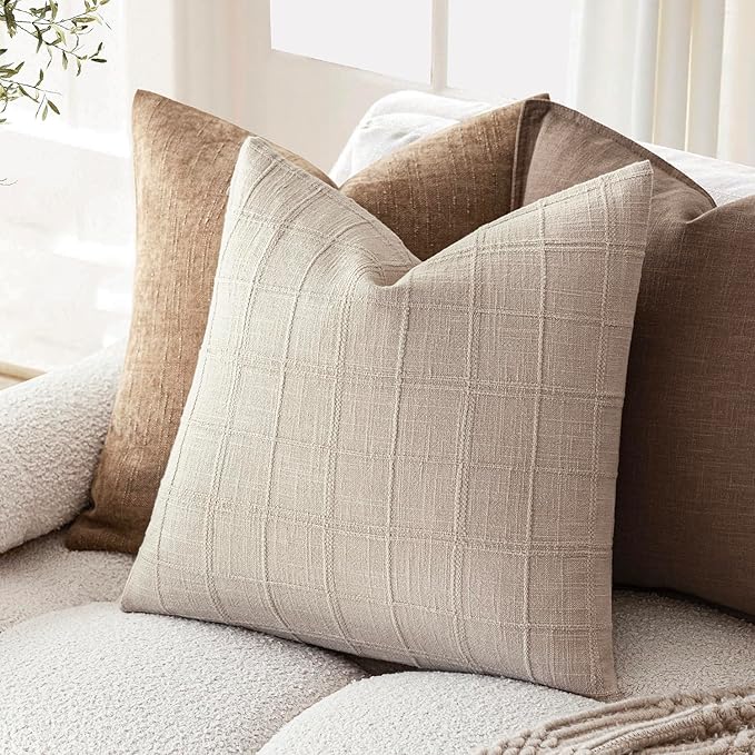 Foindtower Set of 2 Decorative Linen Check Throw Pillow Covers Neutral Farmhouse Vintage Cushion Covers Modern Boho Home Decor For Sofa Chair Couch Bedroom Living Room Outdoor,26×26 Inch,Natural Linen