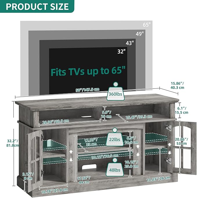 YITAHOME LED Farmhouse TV Stand for 65 Inch w/Outlets, Modern Entertainment Center with Glass Doors and Adjustable Storage Shelves, Media Console TV Cabinet for for Living Room, Grey