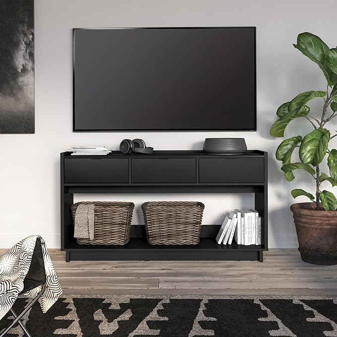 Prepac Black Simply Modern Entryway Table, Narrow Console Table with 3 Drawers, Media Console with Storage, 15.75" D x 60.25" W x 32" H