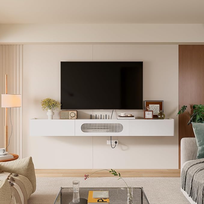 Floaticase Floating TV Stand, 78IN Fully Assembled Hign Gloss Wall Mounted TV Console with Flip-Down Door & Drawers for Livingroom, Bedroom