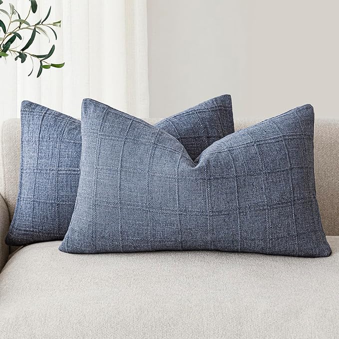 Foindtower Set of 2 Decorative Linen Check Throw Pillow Covers Neutral Farmhouse Lumbar Cushion Covers Modern Coastal Boho Home Decor for Sofa Chair Couch Bedroom Living Room Outdoor,12×20 Inch,Blue