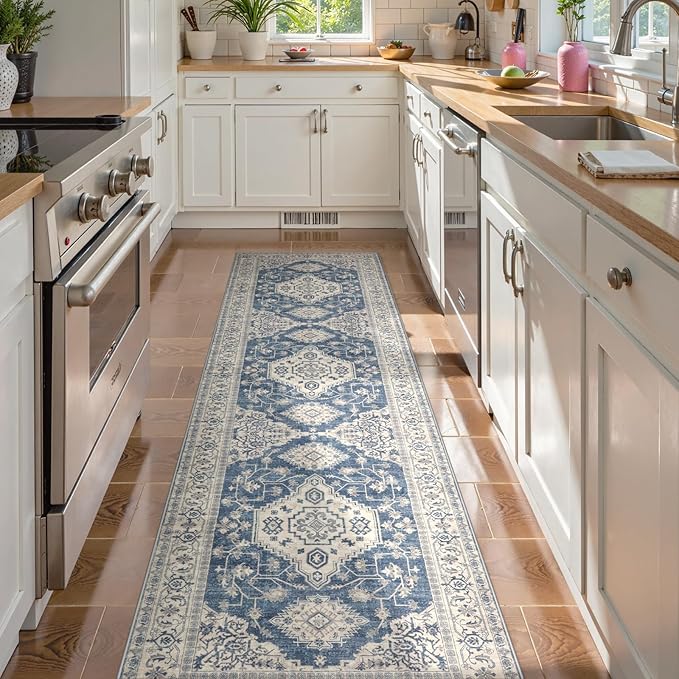 Lahome Oriental Hallway Runner Rug, 2.5x10 Washable Runner Ultra-Thin Hallway Rug for Bedroom Entryway, Soft Long Carpet for Kitchen Bathroom ‎Laundry Room, Blue