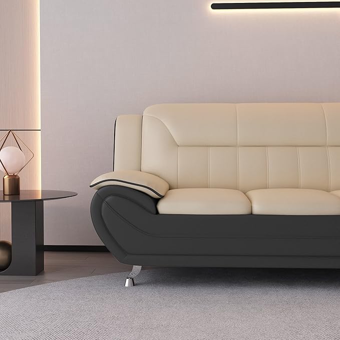 Container Furniture Direct Michael Modern Faux Leather Upholstered Stainless Steel Legs Living Room Sofa, Camel/Black