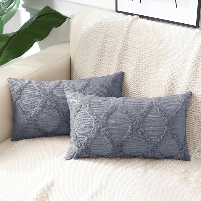decorUhome Throw Pillow Covers 12x20 Inch Set of 2, Soft Plush Faux Fur Wool Lumbar Blue Grey Couch Pillow Covers, Decorative Neutral Pillow Cases for Bed Sofa Living Room Home Decor