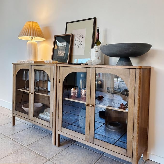 Nathan James Mason Storage Cabinet, Free Standing Accent Sideboard Buffet, Credenza with Glass Doors and Adjustable Shelf in Brushed Light Brown Wood for Dining Room, Entryway and Living Room