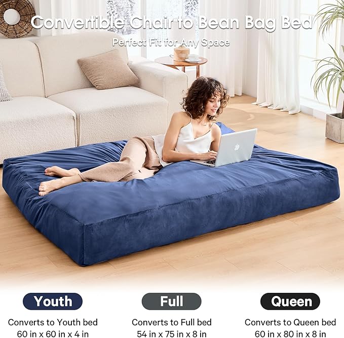 Bean Bag Chairs for Adults - Giant Bean Bag Chair Convertible Bean Bag Bed - Beanbag Chair with Micro Fiber Cover/Furniture Foam Filler - Floor Couch Sofa in Bedroom Dorm Room - Full Navy Blue