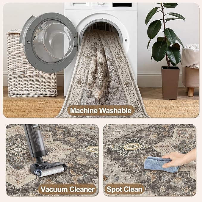 Tangsoo 2.6x8 Washable Runner Rug for Hallways, Non Slip Vintage, Soft Low Pile Long Runner, Print Distressed Brown/Grey Carpet Runners for Kitchen Bedroom Entryway Bathroom Living Room