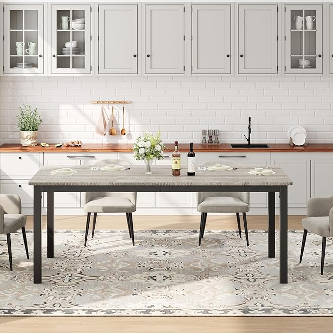 GarveeHome 78.7in Industrial Dining Table for 6, Wooden Long Dinner Table with Mortise Tenon Design, Kitchen Table with Sturdy Metal Legs, for Dining Room Home Office Living Room, Grey