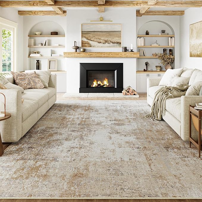 10x12 Washable Area Rug Gold Grey Neutral Abstract Living Room Bedroom Large Throw Rug Non Slip Soft Low Pile Indoor Floor Carpet for Dining Room Kitchen Office Entryway