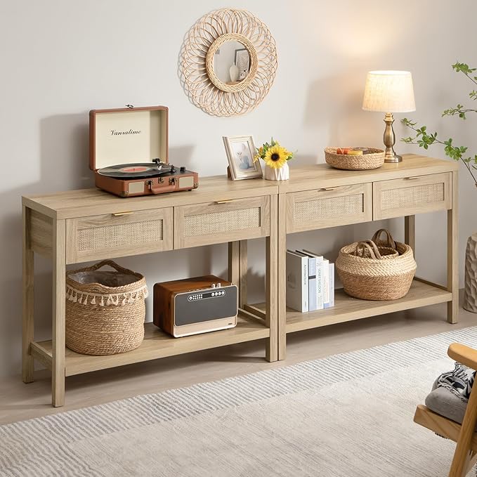 SICOTAS Console Table Set of 2 - Boho Entryway Table with Storage and Rattan Drawers, 2 Tier Shelf, Narrow Long Sofa Tables for Living Room, Natural Entry Table for Hallway, Foyer