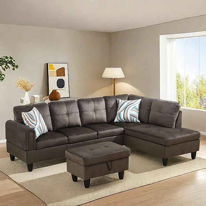 NAYSAYE Sectional Couch with Ottoman Storage, L Shaped Couch Sofa Furniture Sets, Modern Comfy Modular Comfy Sofa for Living Room Bedroom, Office and Apartment, Brown