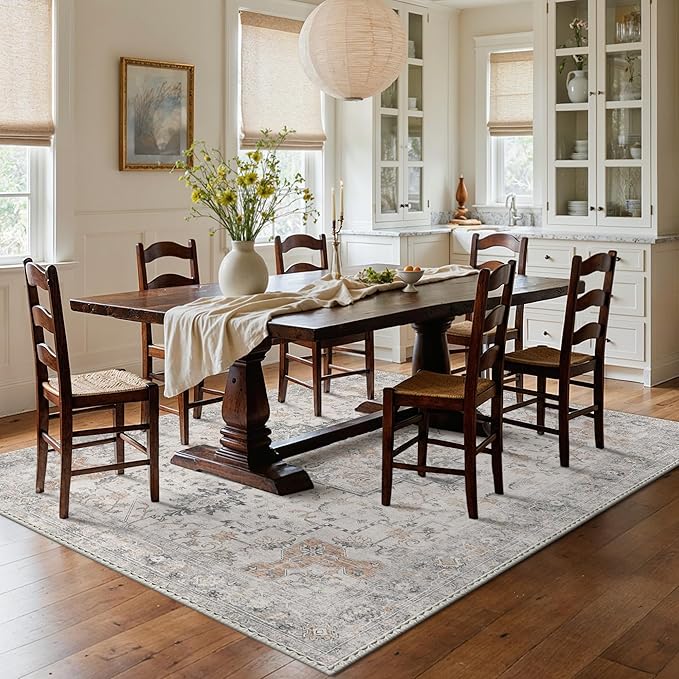 GENIMO 3x5 Area Rugs for Living Room, Machine Washable Non Slip Vintage Rugs, Low Pile Lightweight Chenille Print Rug for Bedroom, Dining Room, Home Office, Light Taupe Brown