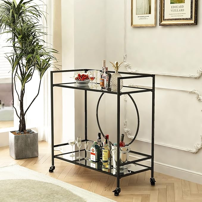 RiteSune Black Bar Cart with Wheels, Vintage Serving Cart Wine Cart with 2 Mirror Shelves, Alcohol Cart Liquor Bar Carts for Home Bar