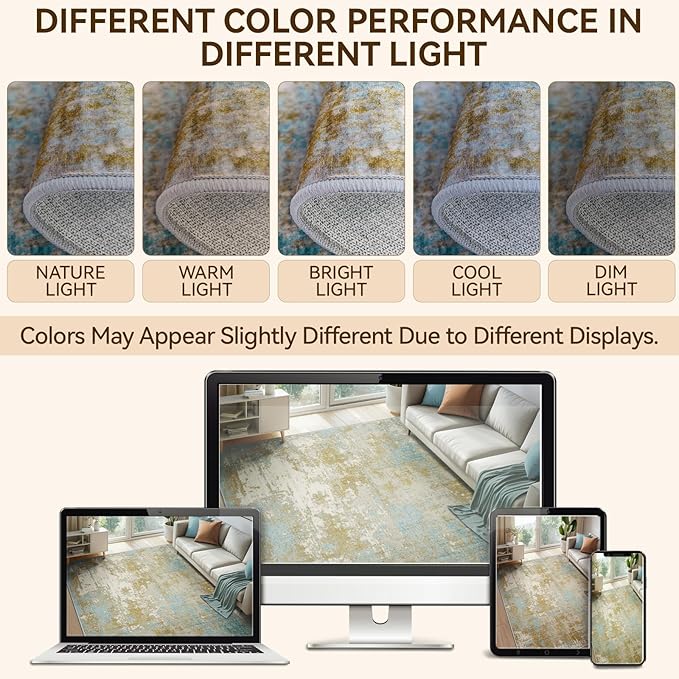 Washable Area Rugs 6'x9' Non-Slip Modern Abstract Soft for Living Room Entryway Bedroom Nursery, Print Pattern, Teal Blue Taupe